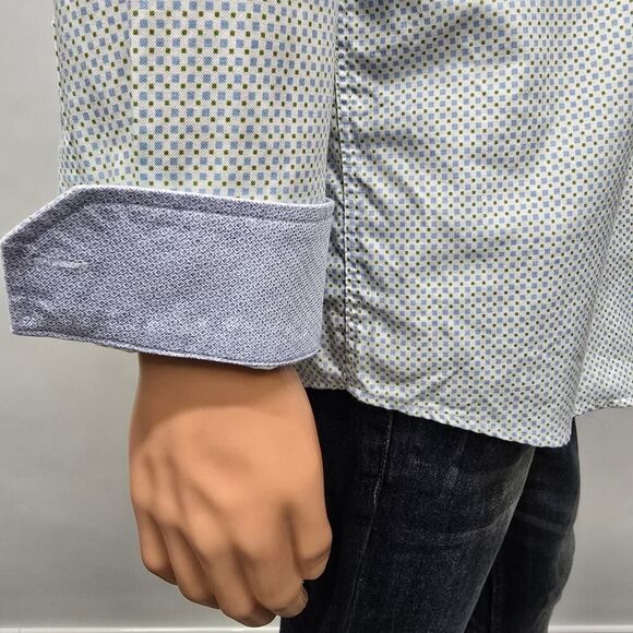 Johnston & Murphy Dress Shirt Geo Print Contrast Flip Cuffs Men L Blue Green - Picture 4 of 13